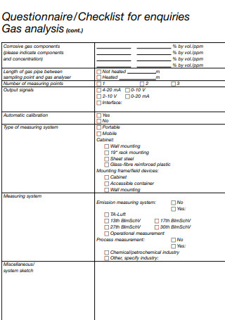 Questionnaire Checklist for Enquiries Gas Analysis