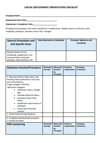 Re Deployment Orientation Checklist