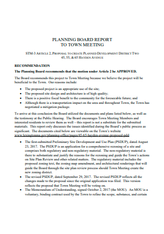Recommendation Planning Board Report