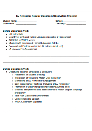 Regular Classroom Observation Checklist