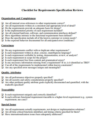 Requirement Checklist Specification Reviews