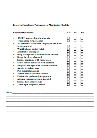 Research Compliance Post Approval Monitoring Checklist