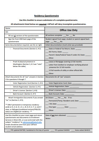 Residency Questionnaire Checklist