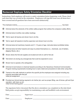 Restaurant Employee Safety Orientation Checklist