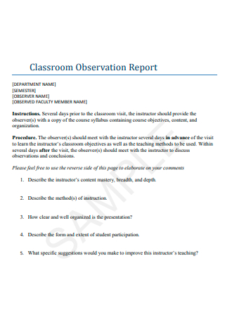 Sample Classroom Observation Report