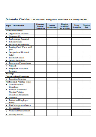 Sample Nurse Orientation Checklist