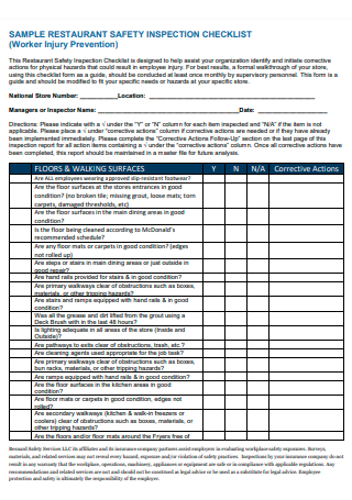 Sample Restaurant Safety Inspection Checklist
