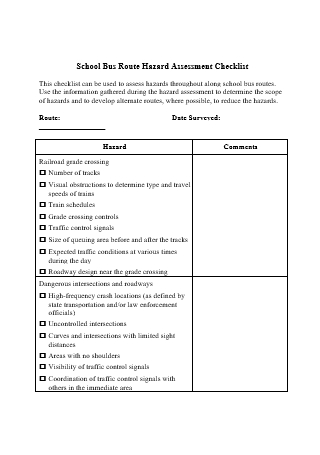 School Bus Route Hazard Assessment Checklist