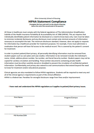 School of Nursing HIPAA Compliance Statement