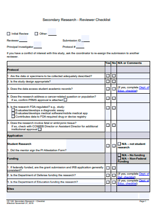 Secondary Research Reviewer Checklist