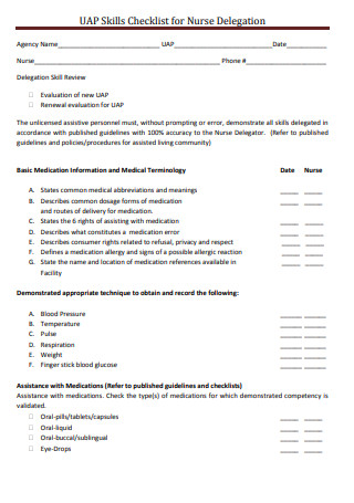 Skills Checklist for Nurse Delegation