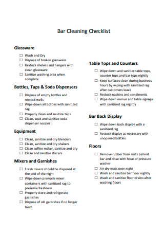 Standard Bar Cleaning Checklist