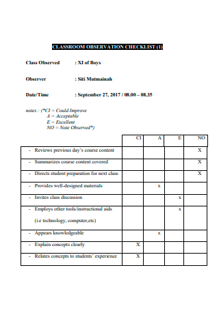 Standard Classroom Observation Checklist
