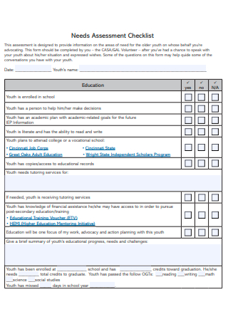 Standard Needs Assessment Checklist