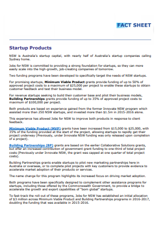 Startup Products Fact Sheet