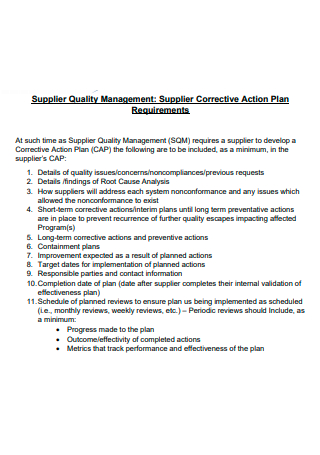 Supplier Quality Management Action Plan