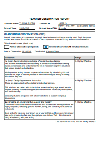 Teacher Classroom Observation Report