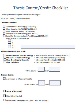 Thesis Course Credit Checklist