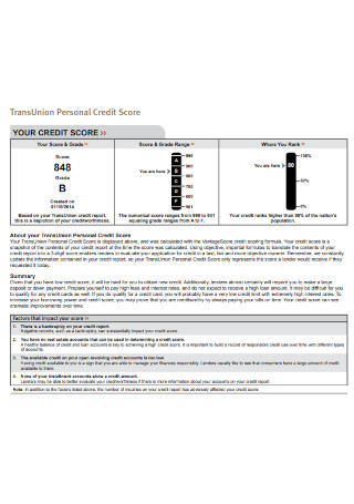 Transunion Personal Credit Score Report