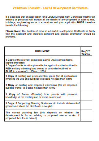 Validation Checklist Lawful Development Certificates