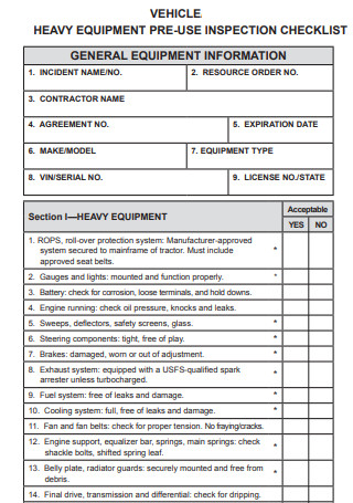 Vehicle Equipment Pre Use Inspection Checklist