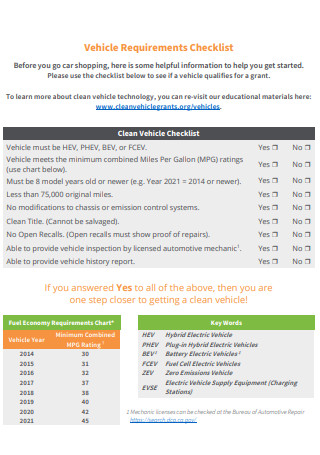 Vehicle Requirement Checklist