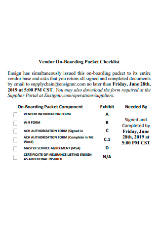 Vendor OnBoarding Packet Checklist
