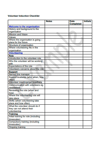 Volunteer Induction Checklist Example