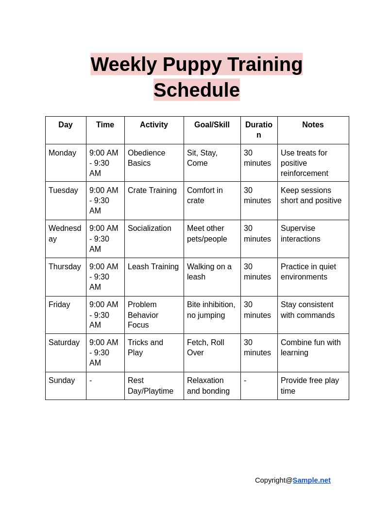 Weekly Puppy Training Schedule Google Docs 12 23 2024 10 08 AM