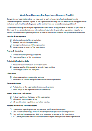 Work Based Learning Pre Experience Research Checklist