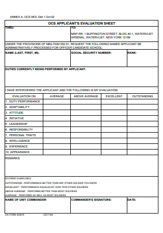 Applicants Evaluation Sheet