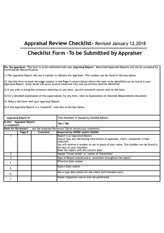 Appraisal Review Checklist Form