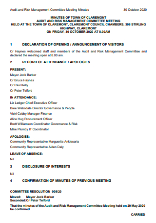 Audit and Risk Management Committee Meeting Minutes