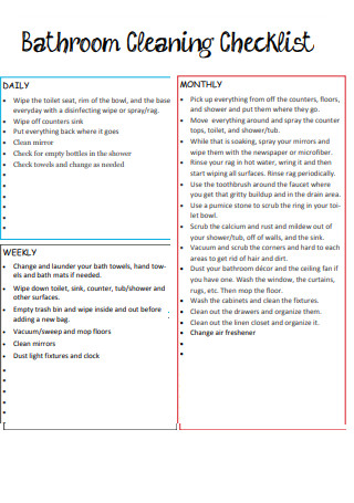 Bathroom Cleaning Checklist for Daily Monthly Weekly