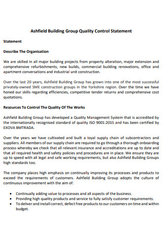 Building Group Quality Control Statement