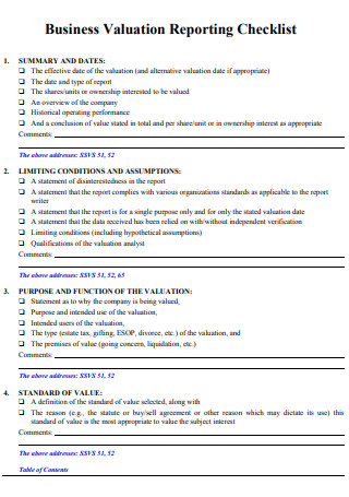 Business Valuation Reporting Checklist