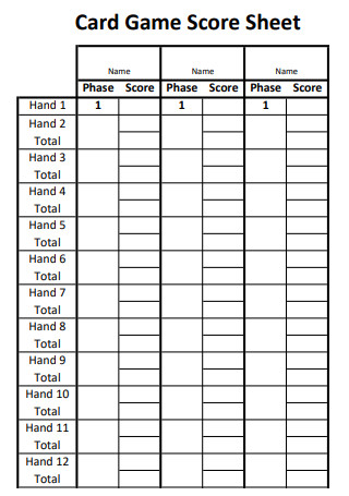 Card Game Score Sheet