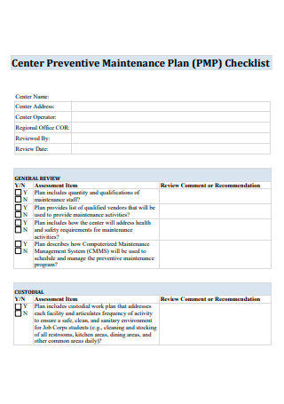 Center Preventive Maintenance Plan Checklist