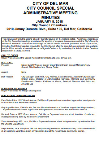 City Council Special Administrative Meeting Minutes