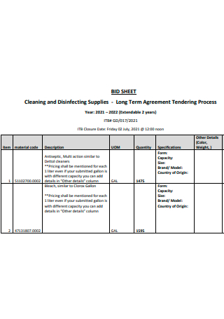 Cleaning and Disinfecting Supplies Bid Sheet
