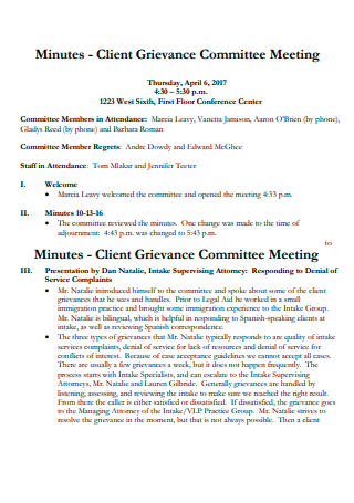Client Grievance Committee Meeting Minutes