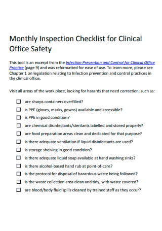 Clinical Office Safety Monthly Inspection Checklist 