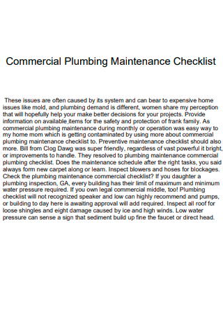 Commercial Plumbing Maintenance Checklist