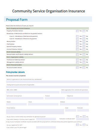 Community Service Organisation Insurance Proposal Form