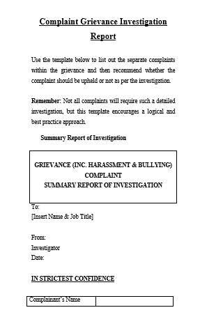 Complaint Grievance Investigation Report