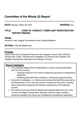 Complaint Investigation Committee Report