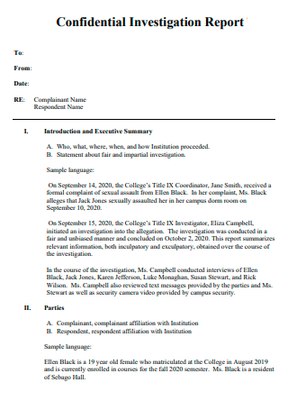 Confidential Investigation Report Format