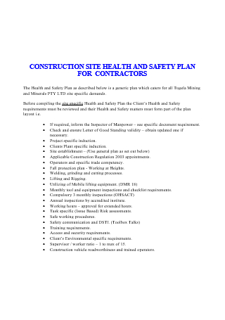 Construction Site Health and Safety Plan For Contractors
