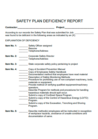 Contractor Safety Plan Deficiency Report
