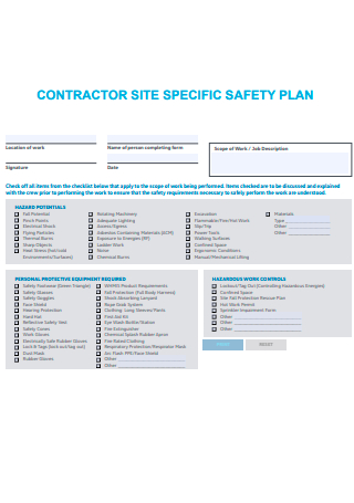 Contractor Site Specific Safety Plan